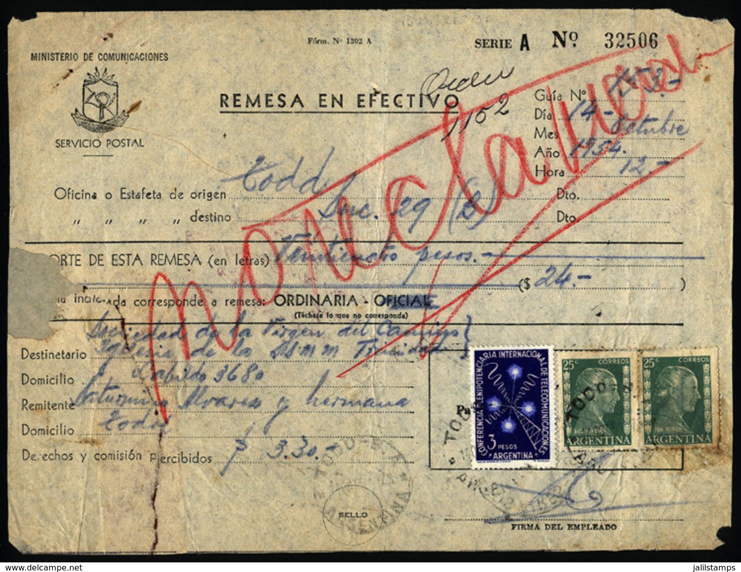 ARGENTINA: Postal Money Order Sent On 14/OC/1954 To Buenos Aires City With Postmark Of "TODD" (Buenos Aires), UNCLAIMED, - Storia Postale