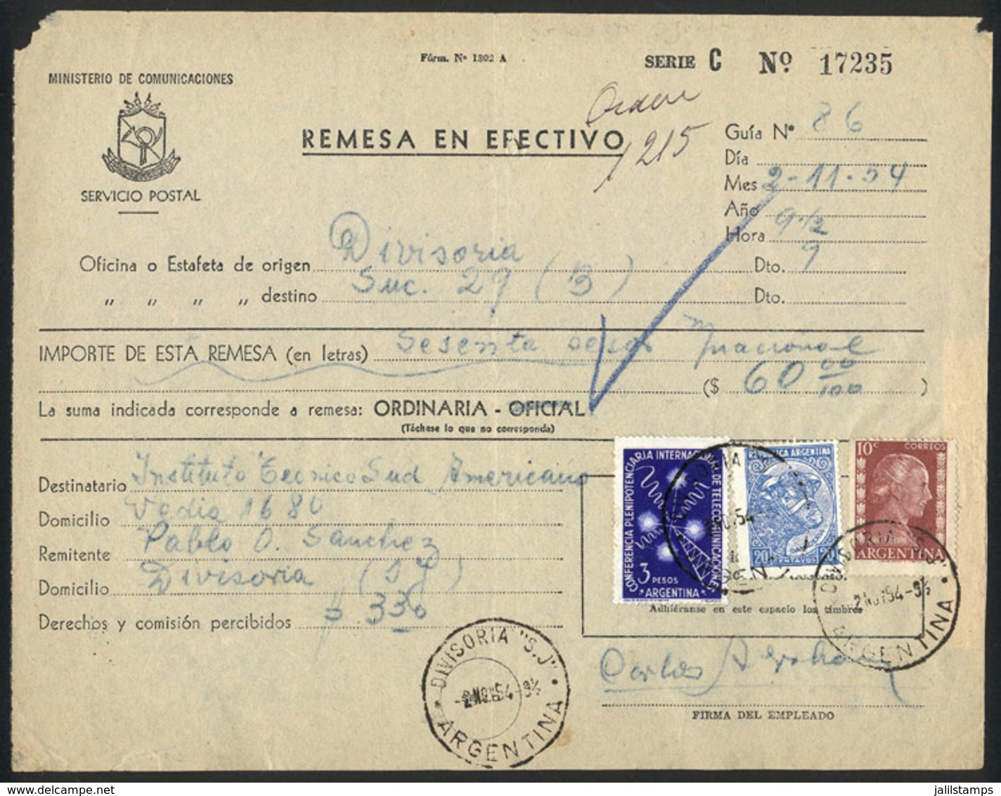 ARGENTINA: Postal Money Order Mailed On 2/NO/1954 With Postmark Of DIVISORIA (San Juan), Franked With 10c. Eva Perón + 2 - Storia Postale