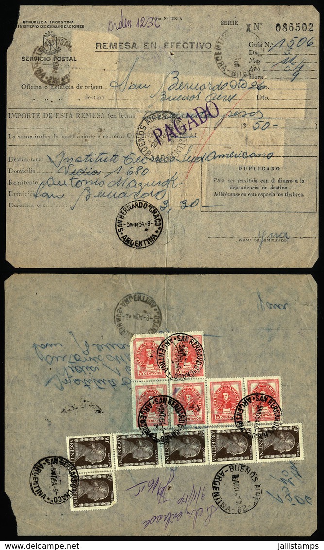 ARGENTINA: Postal Money Order Sent To Buenos Aires On 5/NO/1954 With Postmark Of "SAN BERNARDO" (Chaco), Top Left Corner - Lettres & Documents