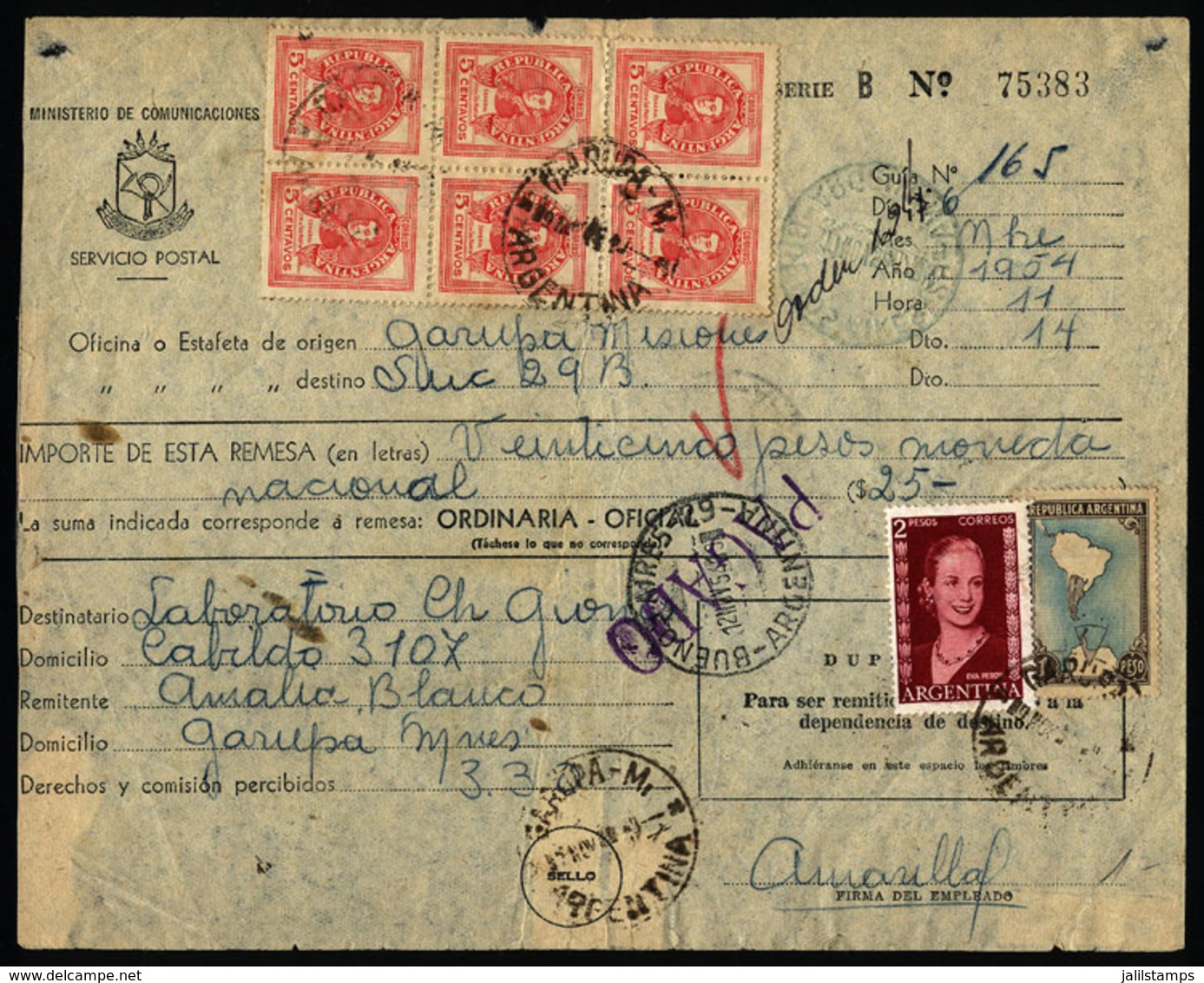 ARGENTINA: Postal Money Order Sent On 6/NO/1954, Cancelled "GARUPA" (Misiones), Franked With Stamps Of The Eva Perón And - Cartas & Documentos