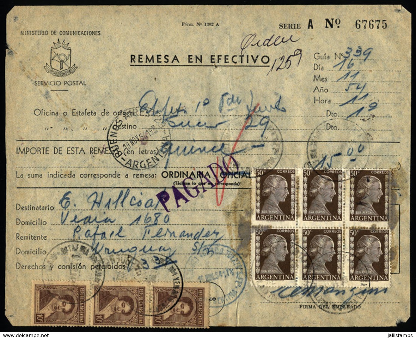 ARGENTINA: Postal Money Order Sent On 16/NO/1954 To Buenos Aires, With Postmark Of "ESTAF. Nº1 VENADO TUERTO" (Santa Fe) - Storia Postale