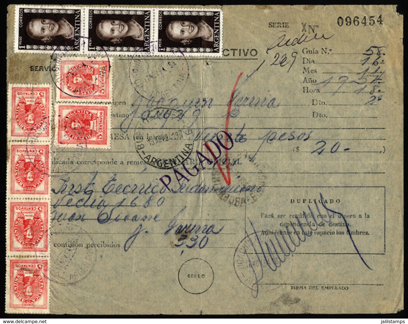 ARGENTINA: Postal Money Order Sent On 16/NO/1954 With Postmark Of "JOAQUIN GORIMA" (Buenos Aires) To Buenos Aires City,  - Lettres & Documents