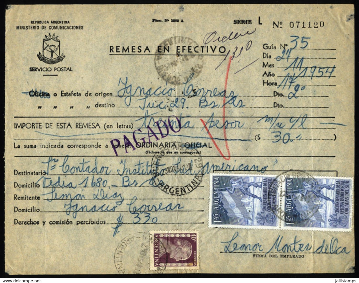 ARGENTINA: Postal Money Order Sent On 27/NO/1954 With Postmark Of "IGNACIO CORREAS" (Buenos Aires) To Buenos Aires City, - Lettres & Documents