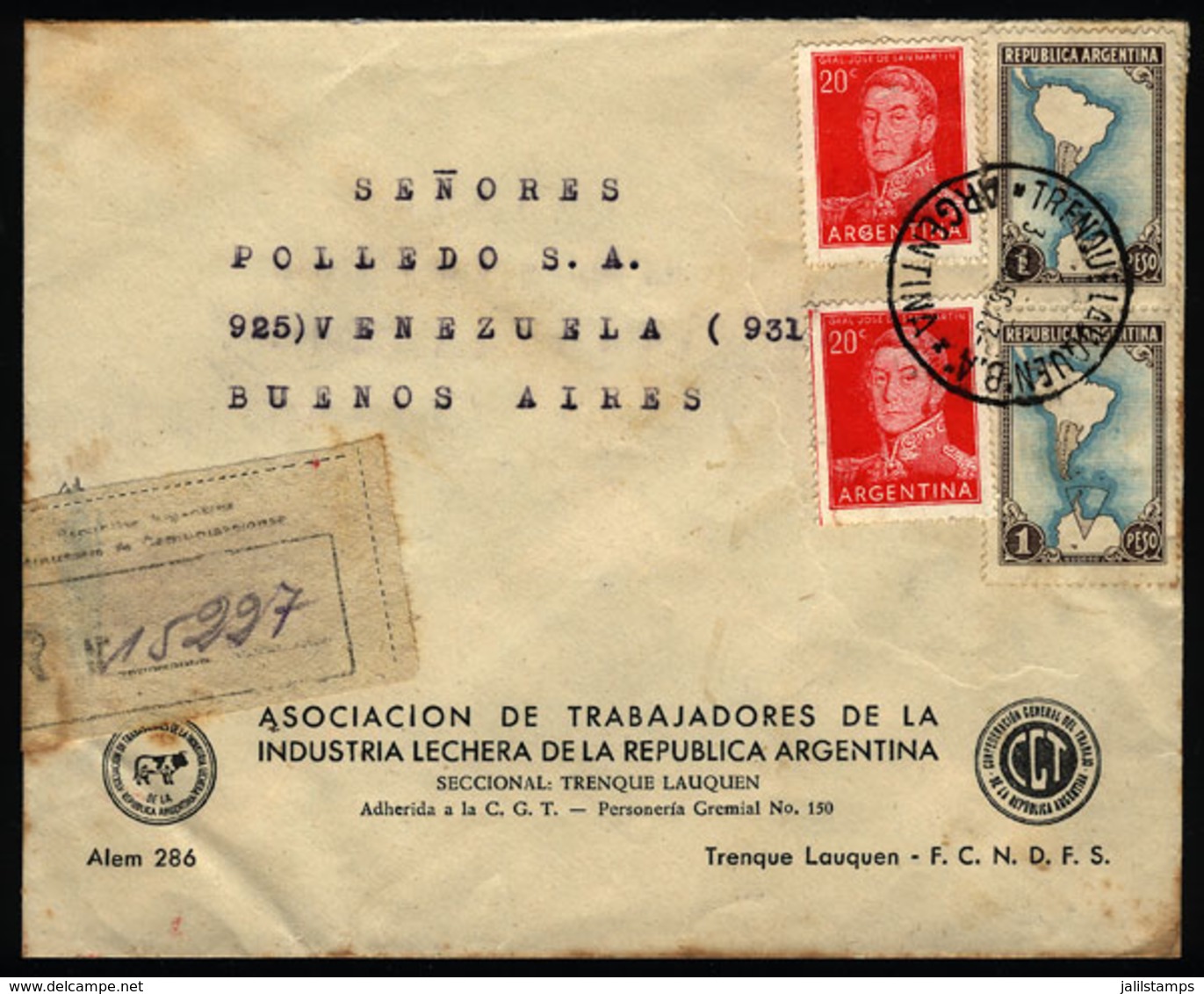 ARGENTINA: Cover Sent From "TRENQUE LAUQEN" (Buenos Aires) To Buenos Aires City On 3/AU/1956, VF Quality" - Storia Postale