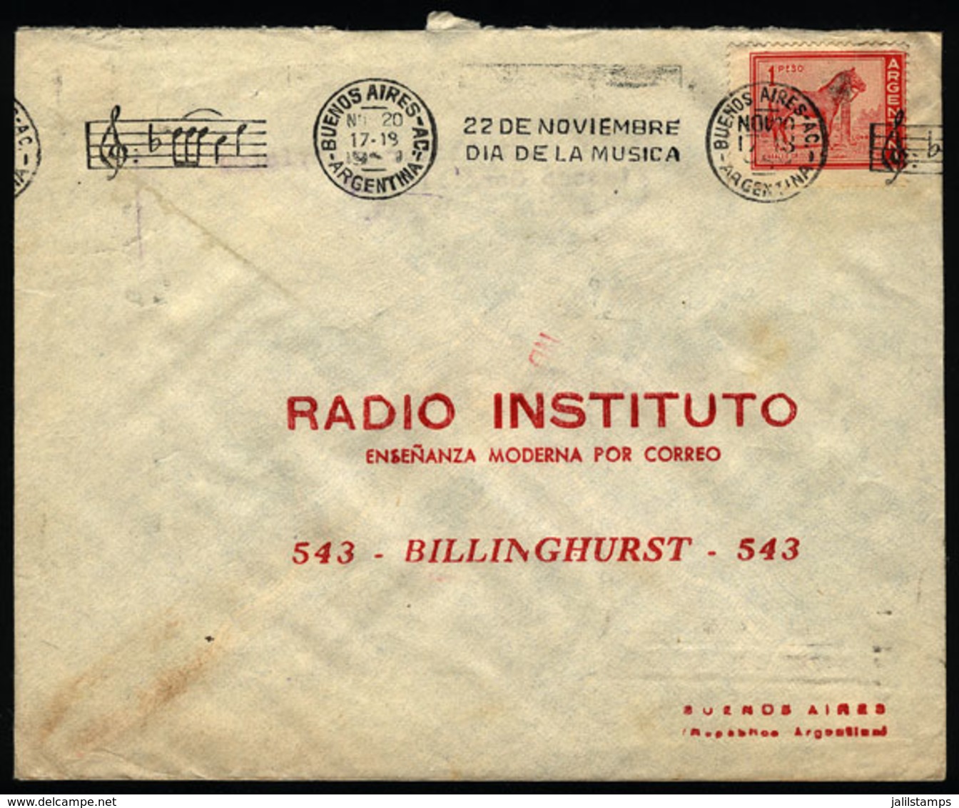 ARGENTINA: Cover Used In Buenos Aires On 20/NO/1959, With Slogan Cancel "22 November - Music Day" (topics: Music, Art, C - Covers & Documents