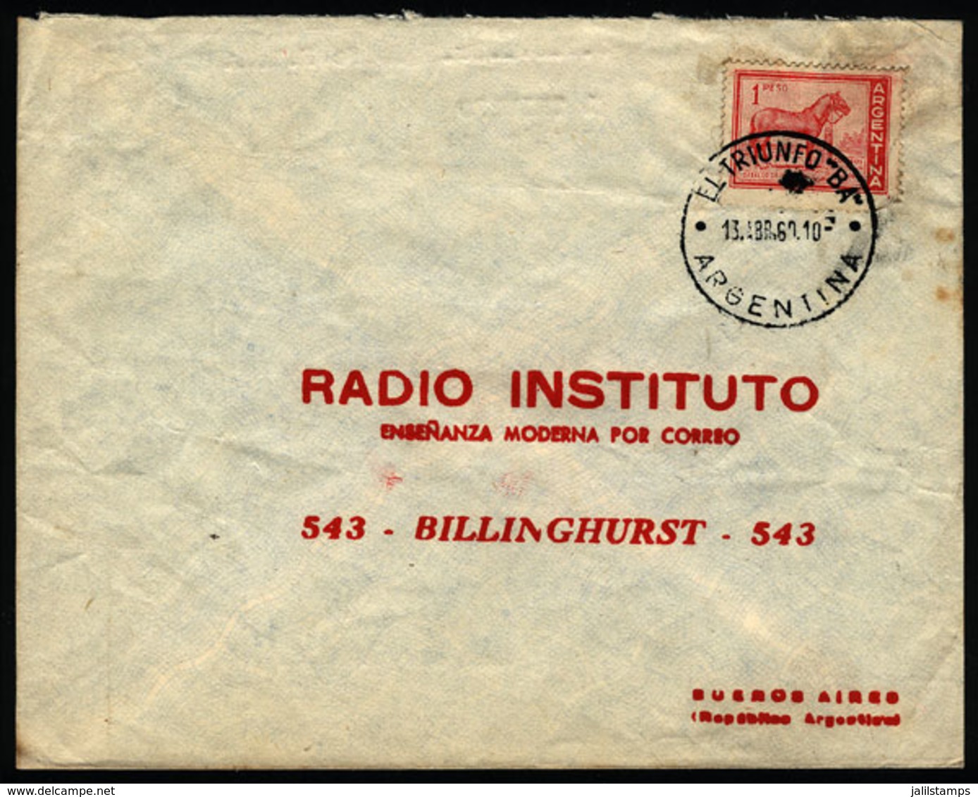 ARGENTINA: Cover Sent From "EL TRIUNFO" (Buenos Aires) To Buenos Aires City On 13/AP/1960." - Storia Postale