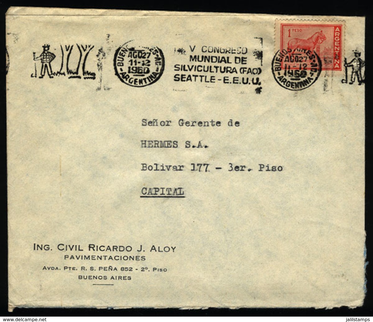 ARGENTINA: Cover Used In Buenos Aires On 27/AU/1960, With Slogan Cancel "Intl. Congress Of Forestry - Seattle USA", VF Q - Storia Postale