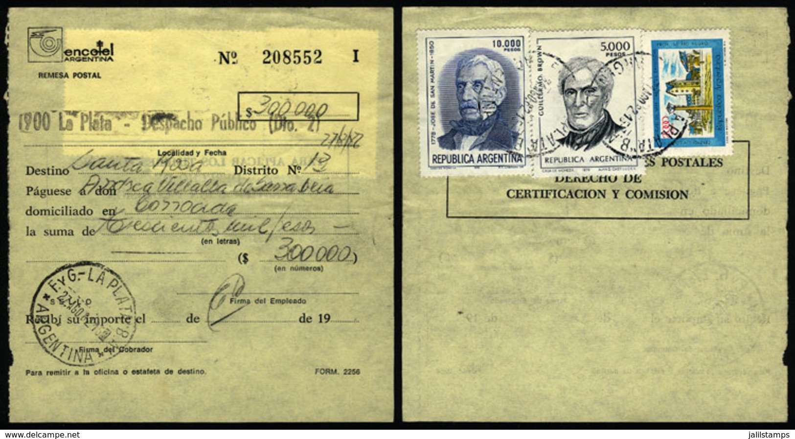 ARGENTINA: Postal Money Order Sent From La Plata To Santa Rosa On 27/AU/1982, With INFLA Postage Of $17,000, VF Quality - Cartas & Documentos