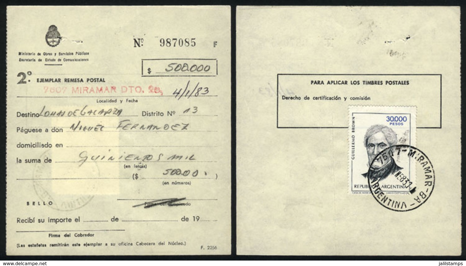 ARGENTINA: Postal Money Order For $500000 Sent On 4/JA/1983 From MIRAMAR (Buenos Aires) To Lomas De Galarza (Corrientes) - Storia Postale