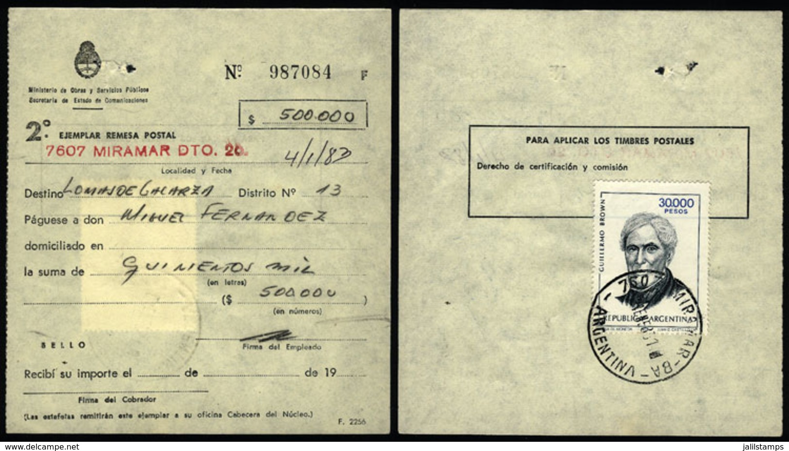 ARGENTINA: Postal Money Order Sent From MIRAMAR (Buenos Aires) To Lomas De Galarza On 4/JA/1983, With INFLA Postage Of $ - Storia Postale