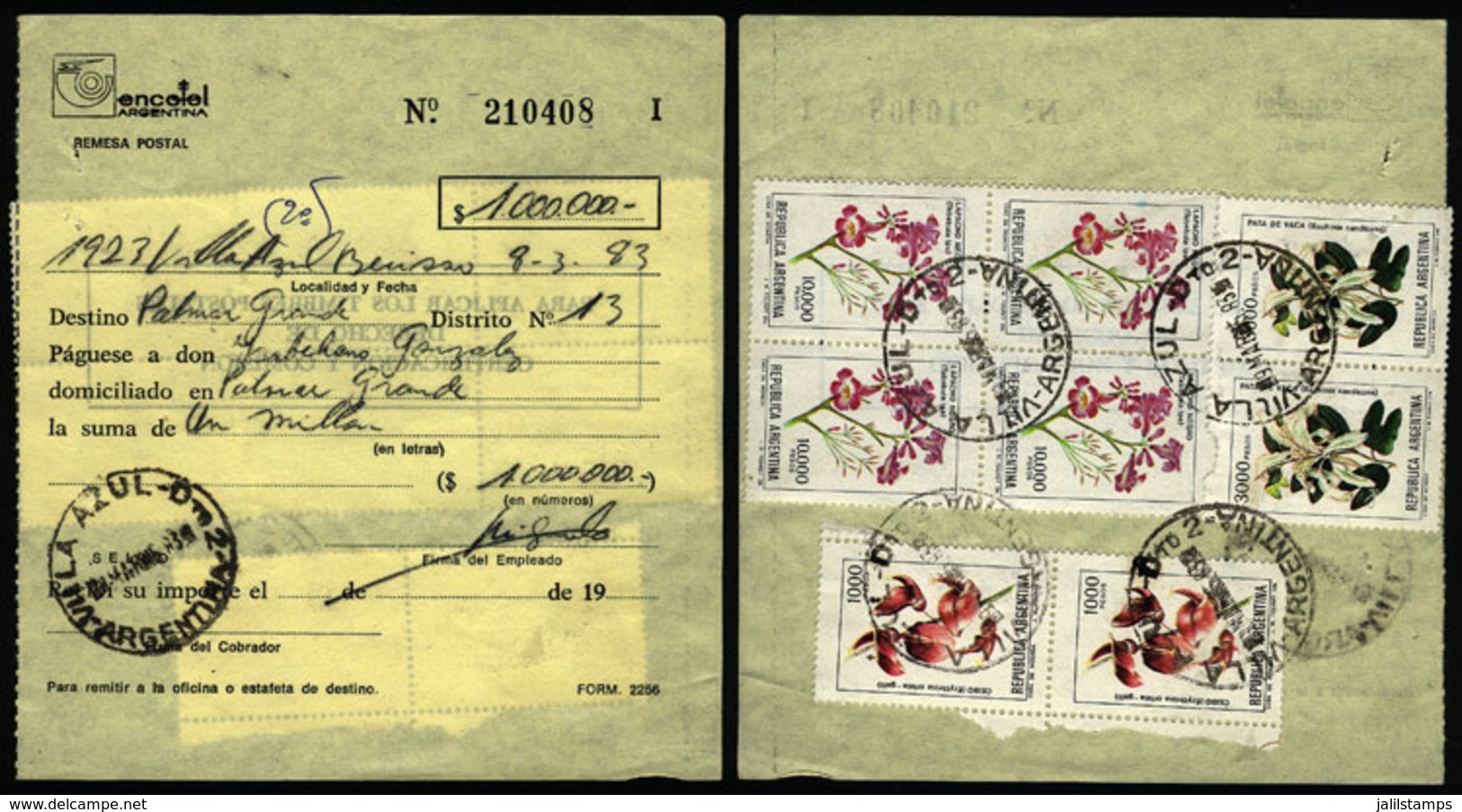 ARGENTINA: Postal Money Order Sent On 8/MAR/1983 To Palmar Grande With Postmark Of "VILLA AZUL - Dto. 2" (Buenos Aires), - Lettres & Documents