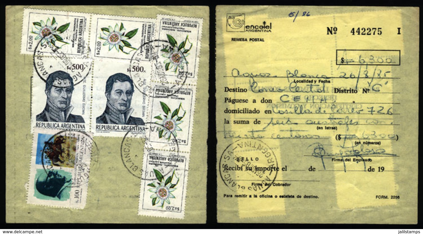 ARGENTINA: Postal Money Order Sent On 26/AU/1985, With Postmark Of AGUAS BLANCAS (Salta) And Inflation Postage Of  $a111 - Lettres & Documents