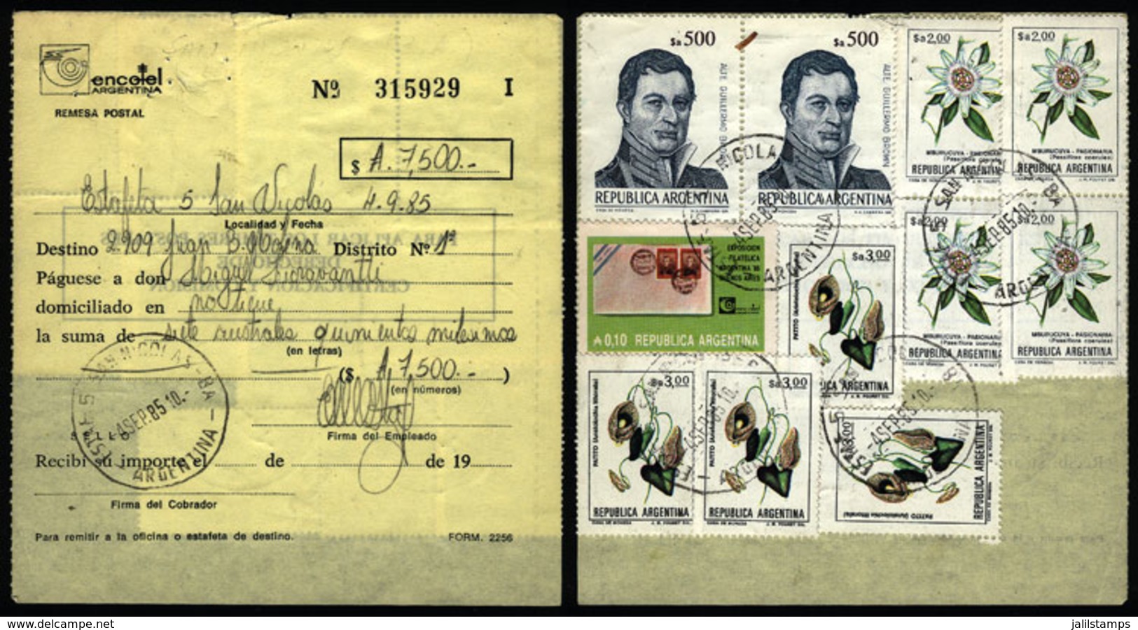 ARGENTINA: Postal Money Order Sent On 4/SE/1985 With Postmark Of "ESTAF. 5 SAN NICOLAS" (Buenos Aires), And MIXED Postag - Cartas & Documentos