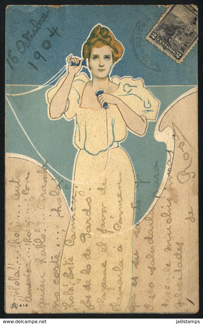 ARGENTINA: PC Used On 16/OC/1904, Illustrated With View Of Woman Speaking On The Phone, Fine Quality - Argentina