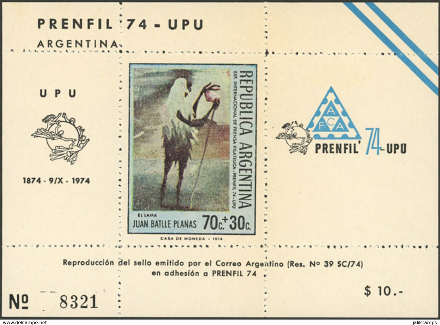 ARGENTINA: $10 Reproduction Of Stamp Issued By Correo Argentino For PRENFIL '74, VF Quality - Franking Labels