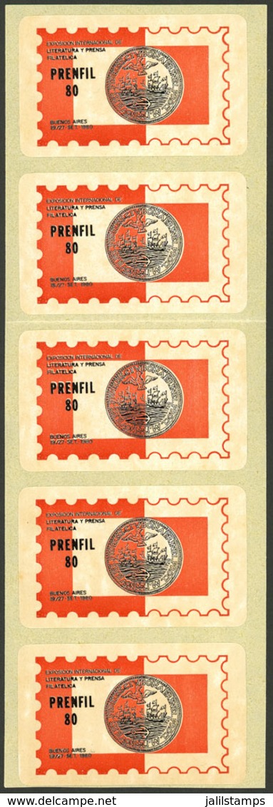 ARGENTINA: PRENFIL 80 Intl. Exhibition Of Philatelic Literature, Buenos Aires 19-27/SE/1980, Strip Of 5 Self-adhesive Ci - Franking Labels
