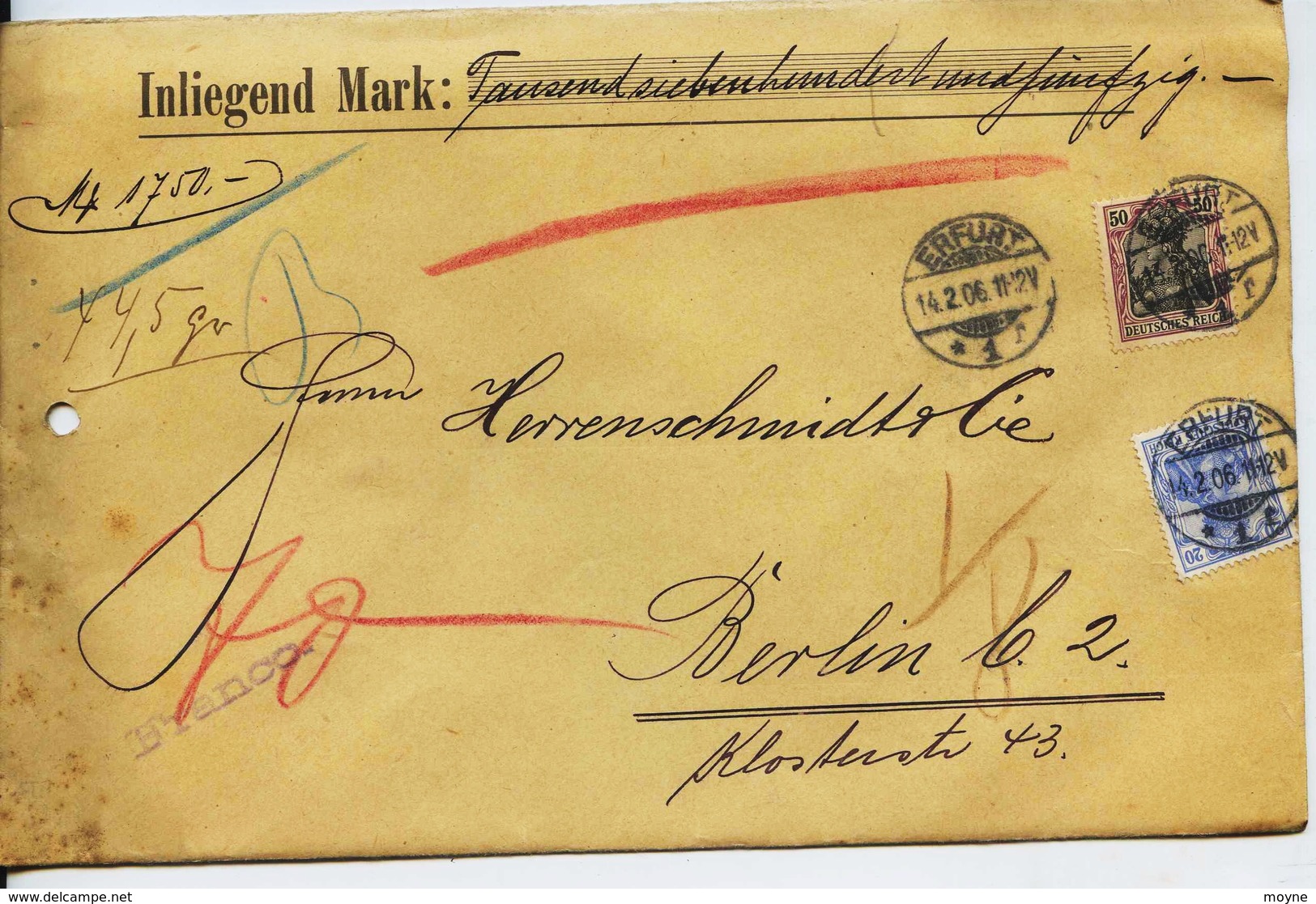 2  Allemagne - ERFURT   - ENVELOPPE RECOMMANDEE CHARGE 1750 Marcs  - 44,5 Grs - 1906 - Briefe U. Dokumente