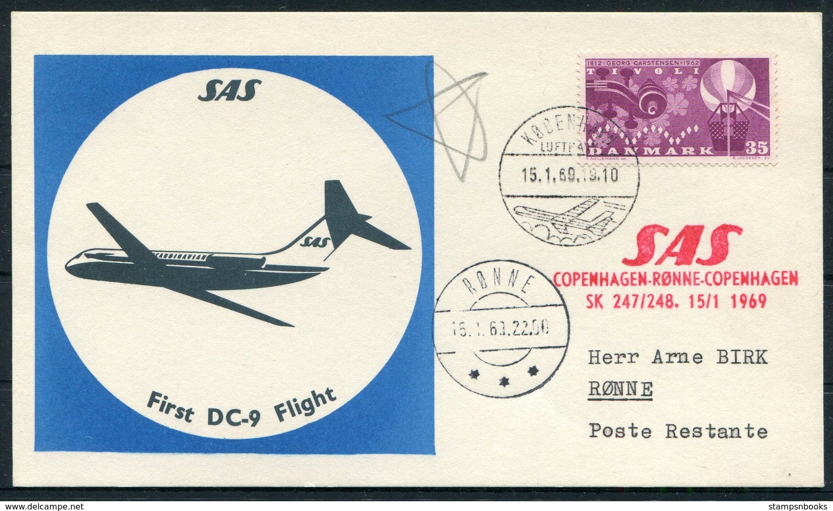 1969 Denmark SAS First Flight Cards(2) Ronne / Copenhagen. SLANIA - Airmail