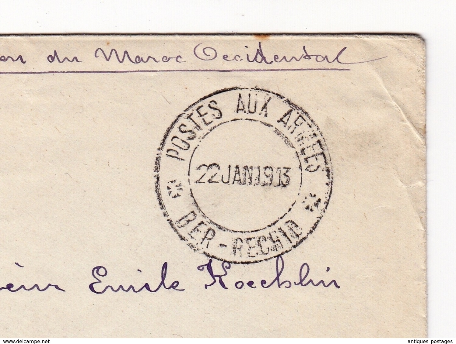 Lettre 1913 Place De Ber Rechid Troupes D'Occupation Du Maroc Occidental Postes Aux Armées Subsistances Militaires - Lettres & Documents