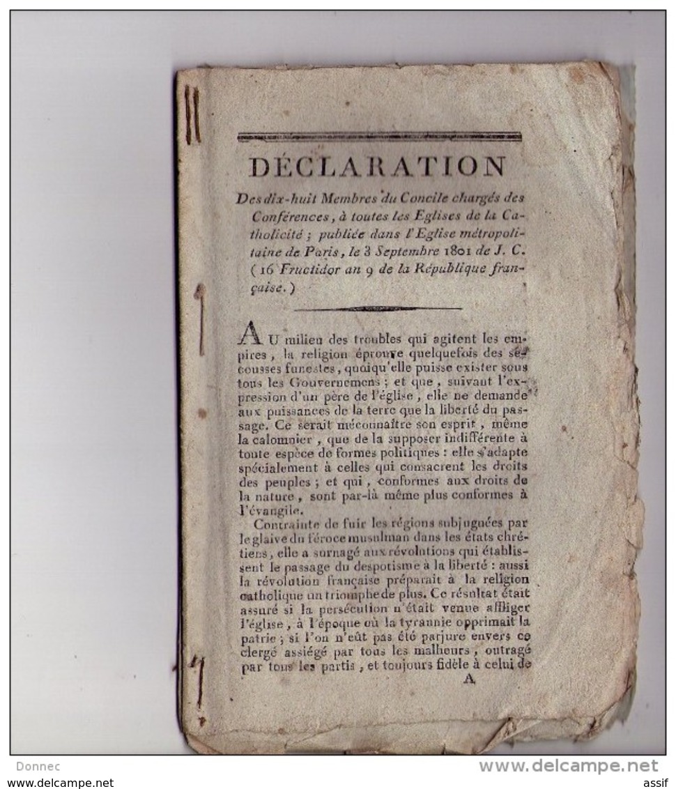 DECLARATION DES DIX-HUIT MEMBRES Du Concile .... 1801 ... ( H. Grégoire, Eglise Constitutionnelle, Gallicanisme, ... - Autres & Non Classés