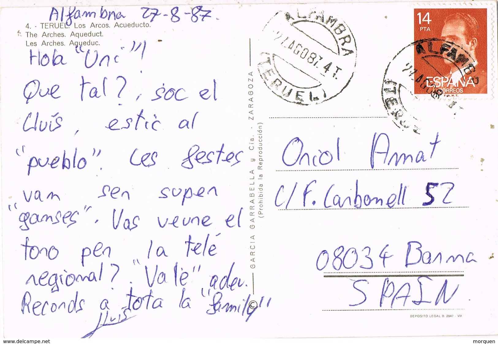 33418. Postal ALFAMBRA (Teruel) 1987. Vista De Los Arcos, Acueducto De Teruel - Cartas & Documentos