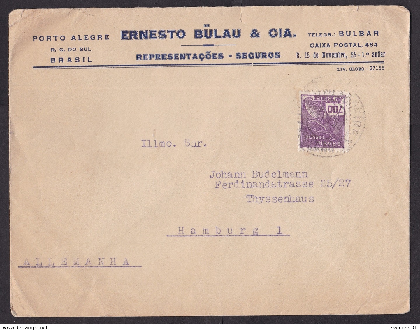 Brazil: Cover To Germany, 1938, 1 Stamp, Porto Alegre (minor Damage, See Scan) - Briefe U. Dokumente