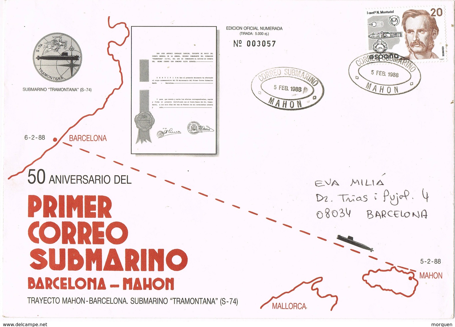 33419. Carta Correo Submarino MAHON (Baleares) A BARCELONA 1988. Llegada Dorso Y Lineal PAQUEBOT - Cartas & Documentos