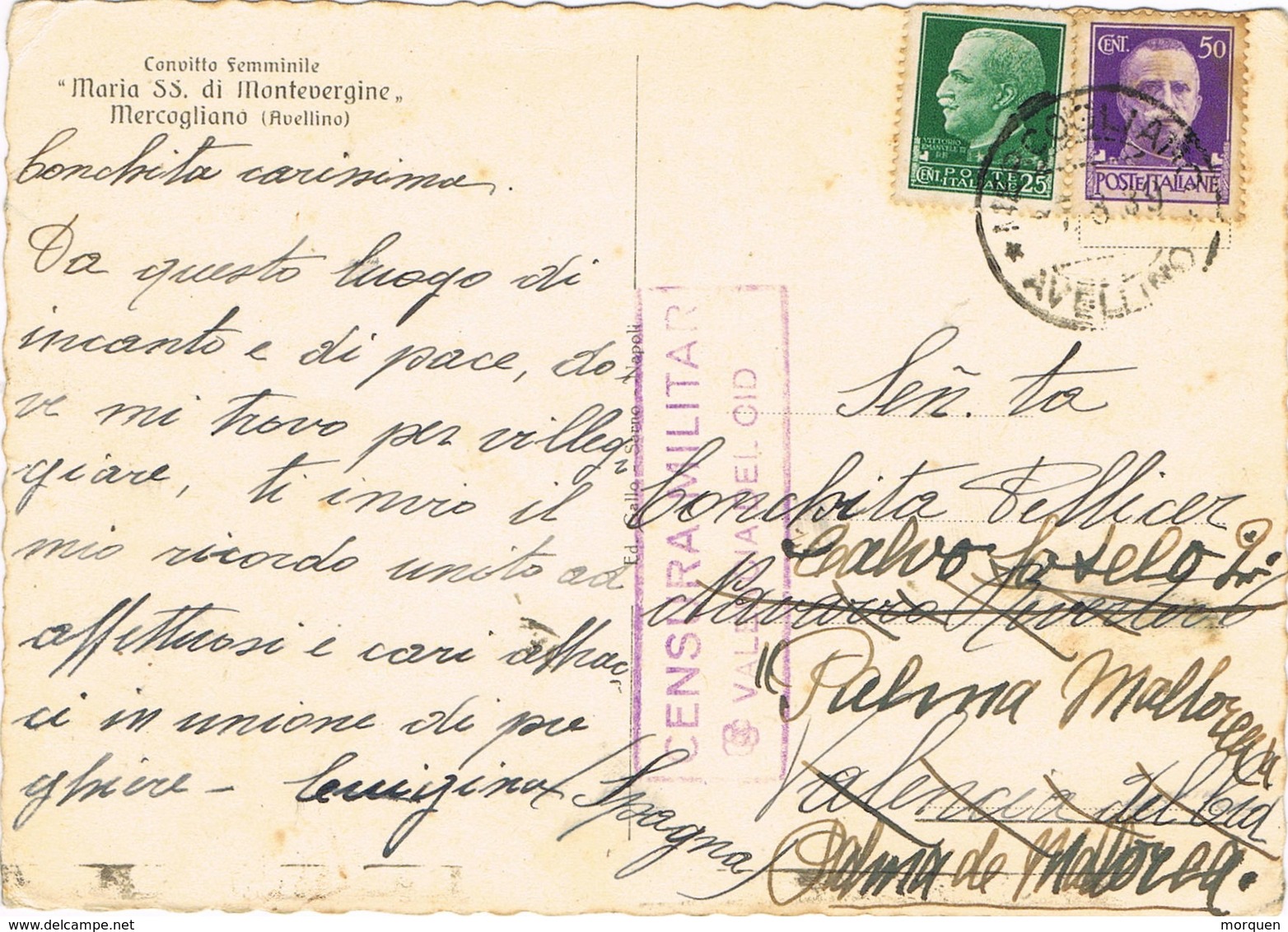 33420. Postal MERCOGLIANO (Avellino) 1939. CENSURA Militar VALENCIA, Guerra Civil. Reexpedida - Cartas & Documentos