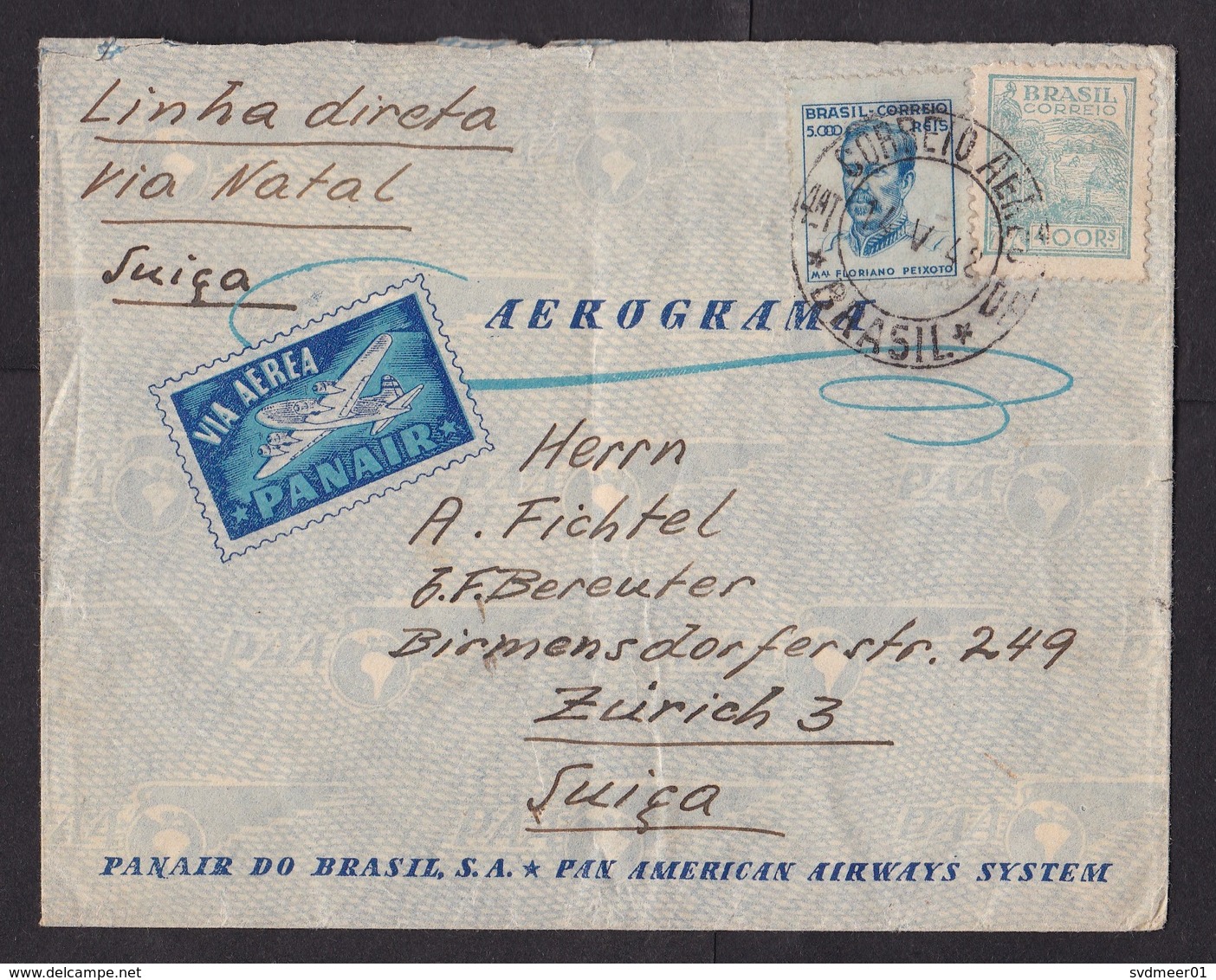 Brazil: Airmail Cover To Switzerland, 1942, 2 Stamps, Panair, Pan American Airways, Via Natal, Inflation (minor Damage) - Brieven En Documenten