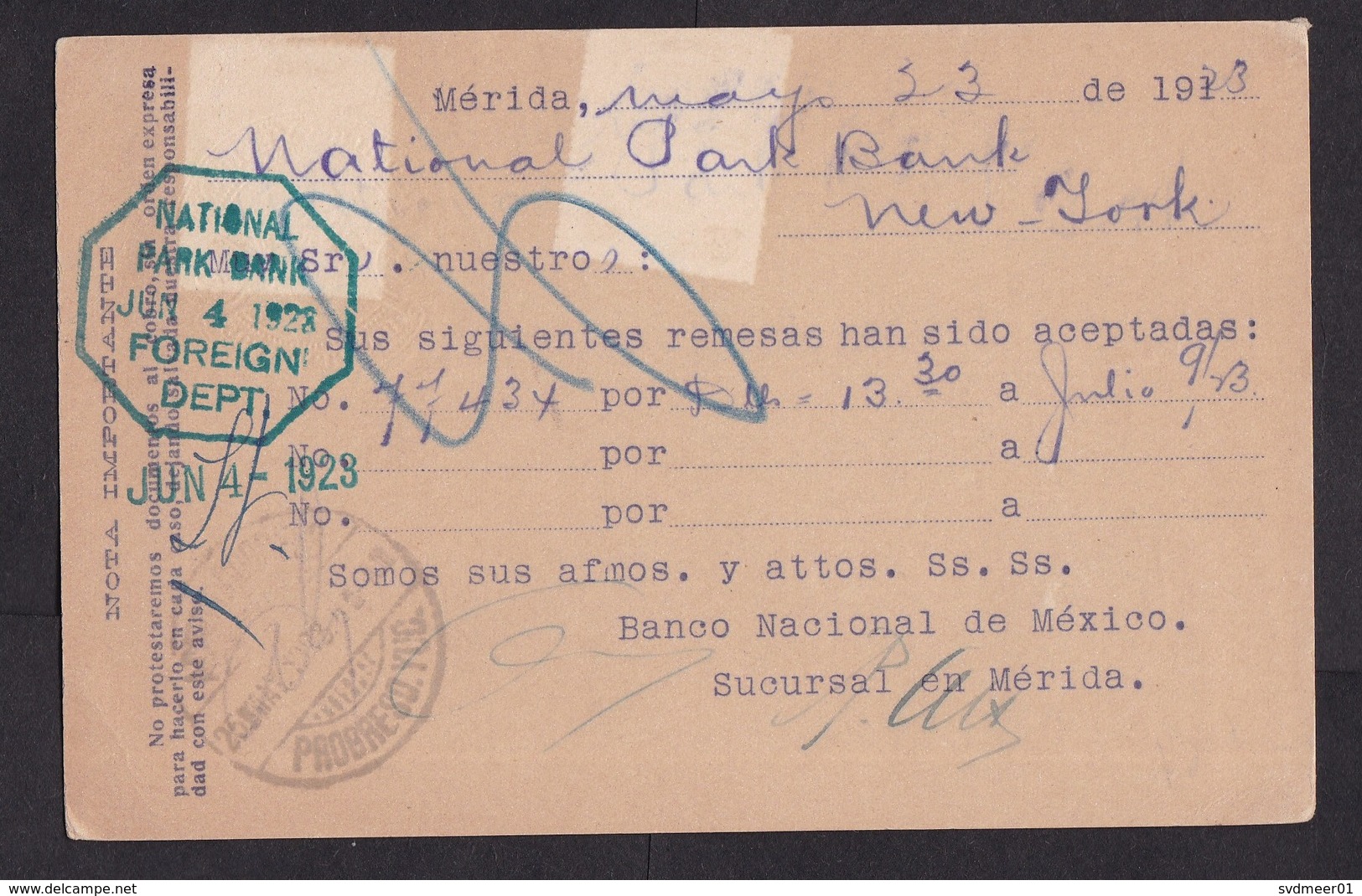 Mexico: Stationery Postcard To USA, 1923, 1 Extra Stamp, From National Bank Merida (discolouring At Back) - Mexico