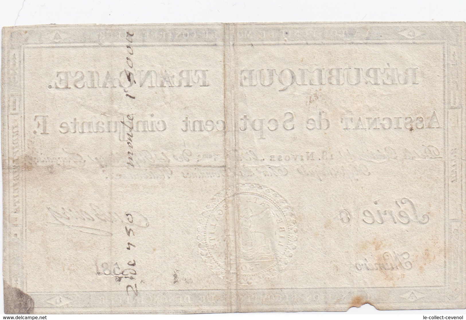 ASSIGNAT N° 94 - SEPT CENT CINQUANTE FRANCS - 18 Nivose De L'an III ( 07/01/1795 ) - Assegnati