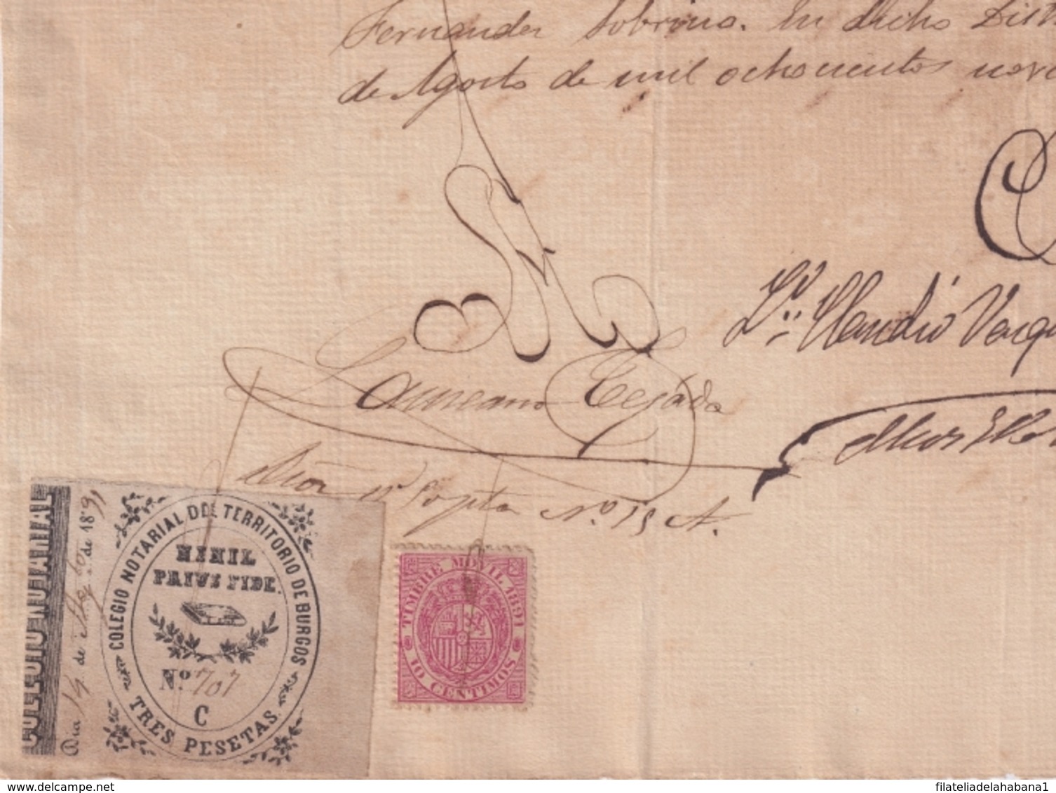 F-EX16299 ESPAÑA SPAIN 1888 REVENUE NOTARIOS ESCRIBANOS NOTARIES LAWYER . BURGOS 3 Ptas. SERIE C. - Fiscaux