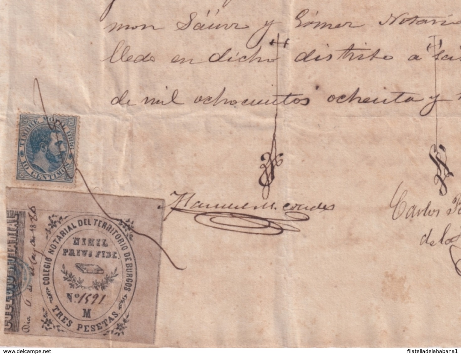 F-EX16312 ESPAÑA SPAIN 1886 REVENUE NOTARIOS ESCRIBANOS NOTARIES LAWYER . BURGOS 3 Ptas. SERIE M. - Otros & Sin Clasificación