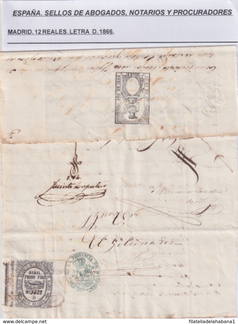 F-EX16347 ESPAÑA SPAIN 1866 REVENUE NOTARIOS ESCRIBANOS NOTARIES LAWYER . MADRID 12 Rs. SERIE D. - Fiscaux