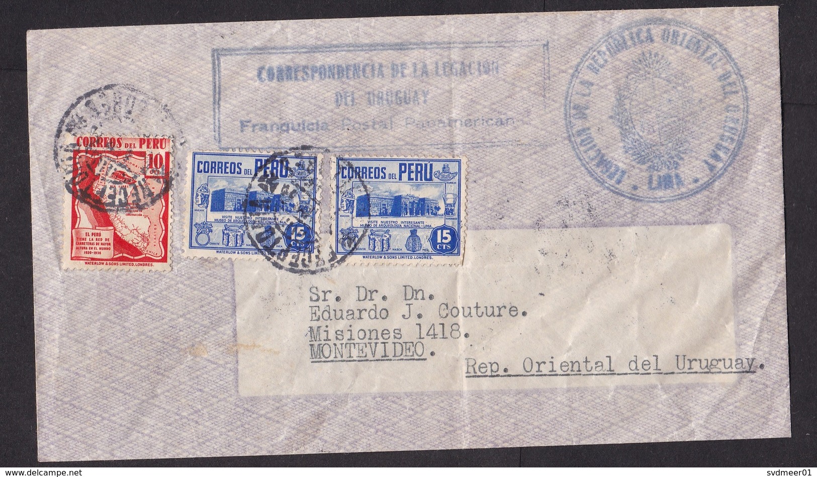 Peru: Cover To Uruguay, 1940, 3 Stamps, Special Diplomatic Rate, Sent By Embassy, Diplomacy (damaged; Folds) - Peru