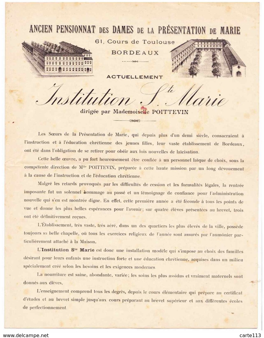 33 - PAP23227PAP - PUBLICITE - Lettre Circulaire INSTITUTION SAINTE MARIE - BORDEAUX - Bon état - BORDEAUX - Religion & Esotericism