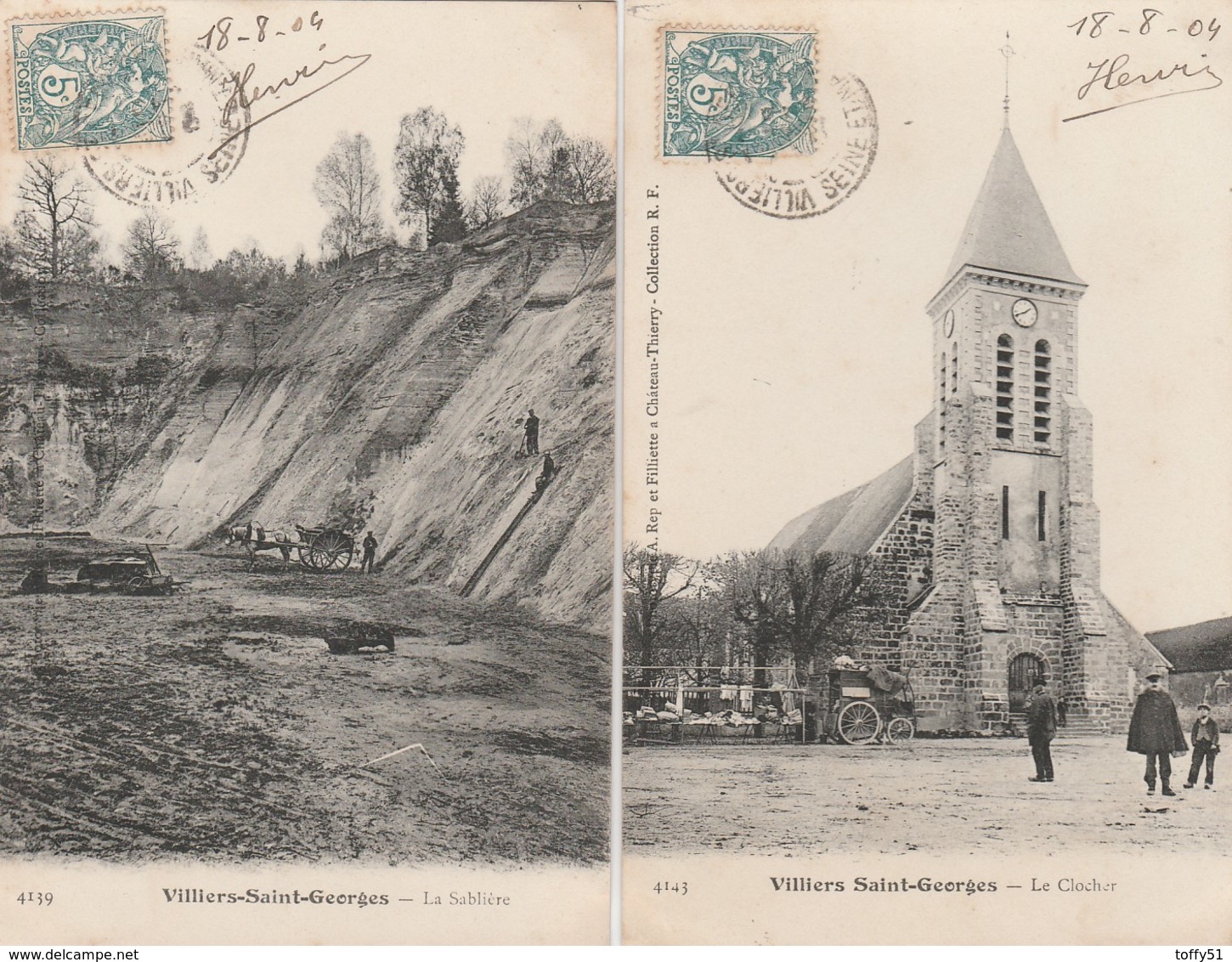 2 CPA:HOMMES TRAVAILLANT À LA SABLIÈRE,LE CLOCHER ÉTAL DEVANT ÉGLISE VILLIERS SAINT GEORGES (77)..ÉCRITES - Villiers Saint Georges