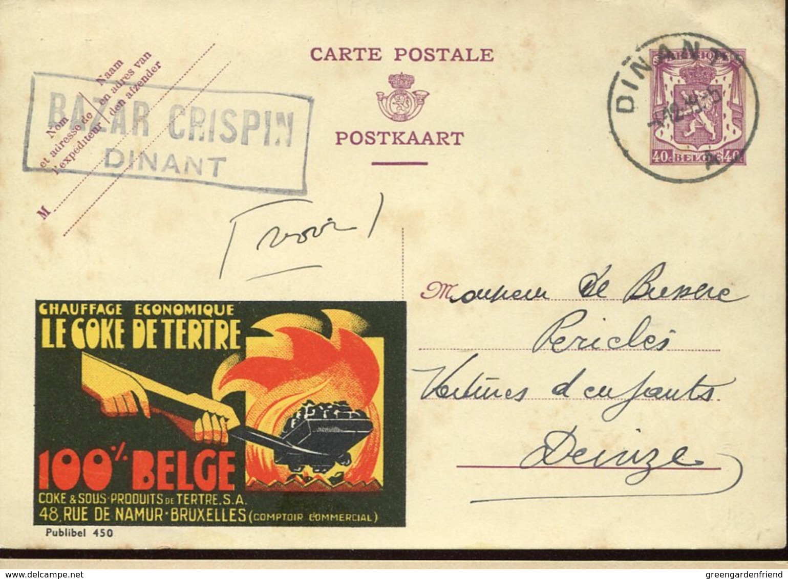 46217 Belgium, Stationery Card 40c.circuled  Showing. Charbons Le Coke De Tertre Publibel 450 - Minerals