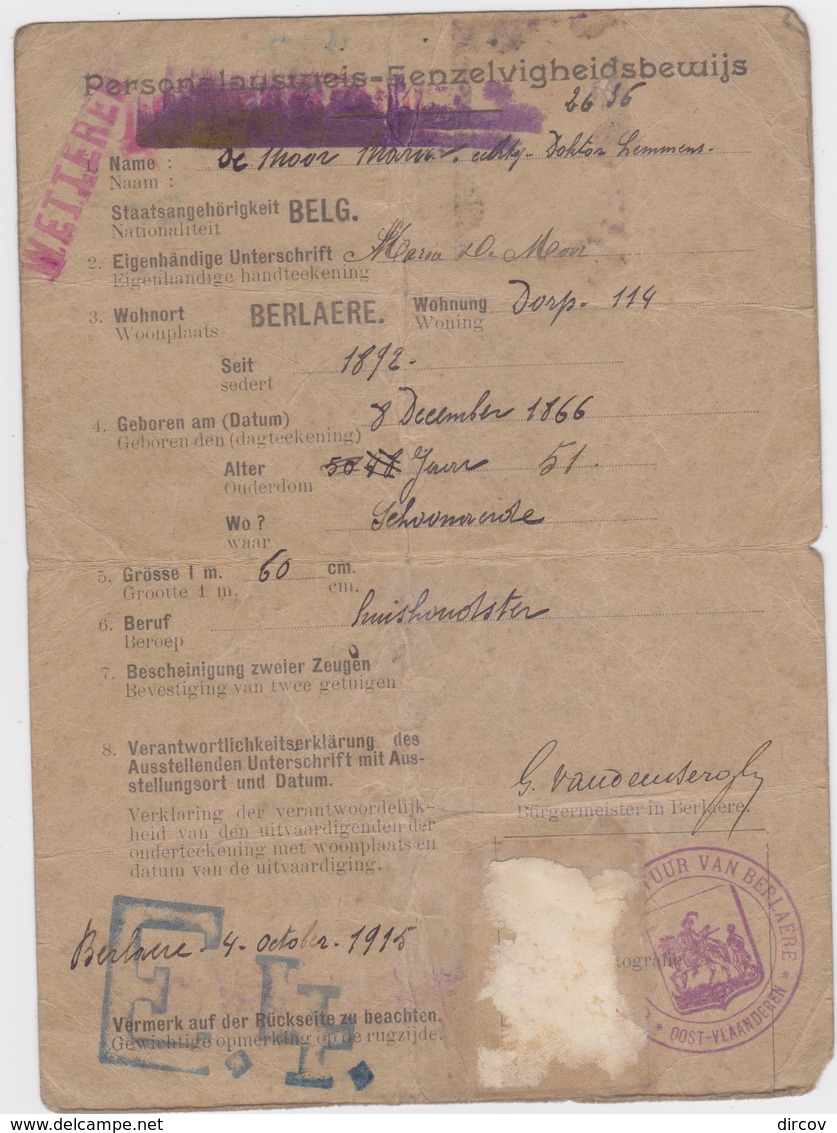 Berlare : Duits Paspoort Uit 1915 Van De Vrouw Van Dokter Lemmens - Historical Documents