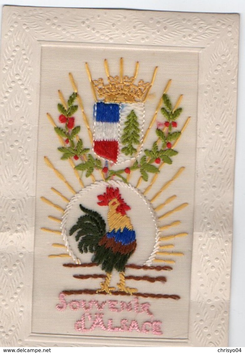 97Em  Cpa Brodée Soie Souvenir D'Alsace Coq Lauriers Drapeaux Soleil - Embroidered