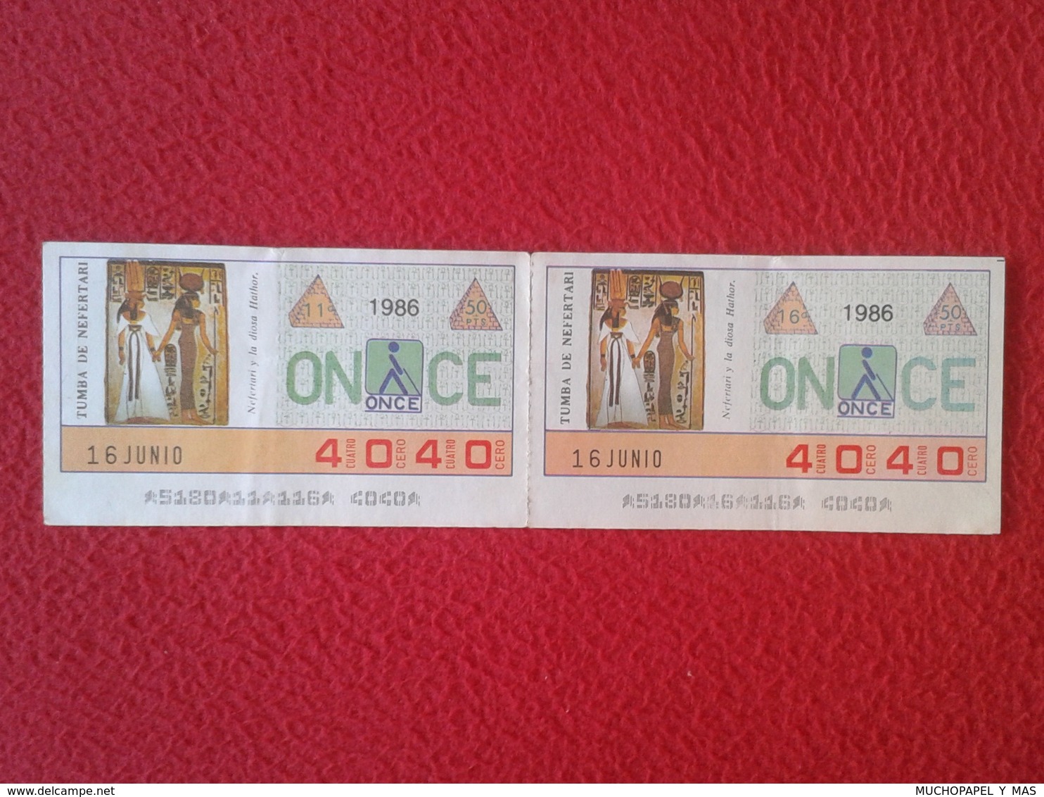 CUPÓN DE ONCE LOTTERY CIEGOS SPAIN LOTERIE LOTERÍA BLIND 1986 ANTIGUO EGIPTO OLD EGYPT TUMBA DE NEFERTARI GRAVE TOMB VER - Billetes De Lotería