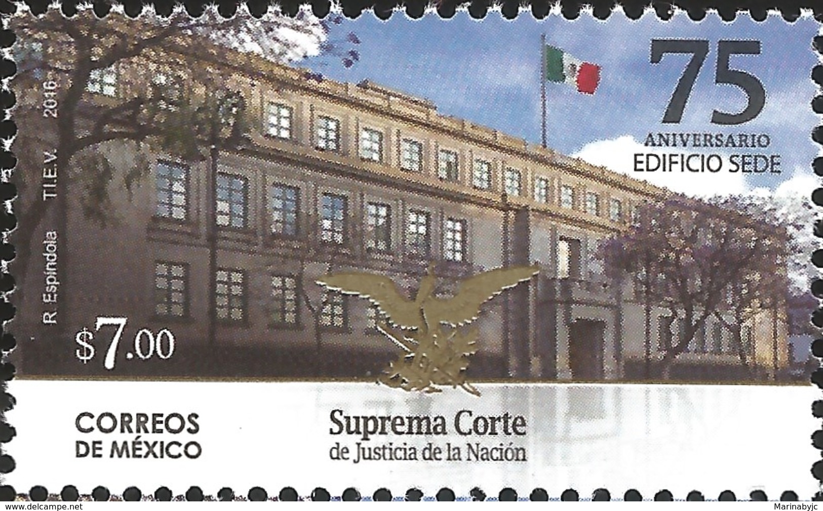 J) 2016 MEXICO, MEXICAN FLAG-HEADQUARTERS BUILDING-TREES-EAGLE & SNAKE (COAT OF ARMS), SUPREME COURT OF JUSTICE 75TH ANN - Mexico