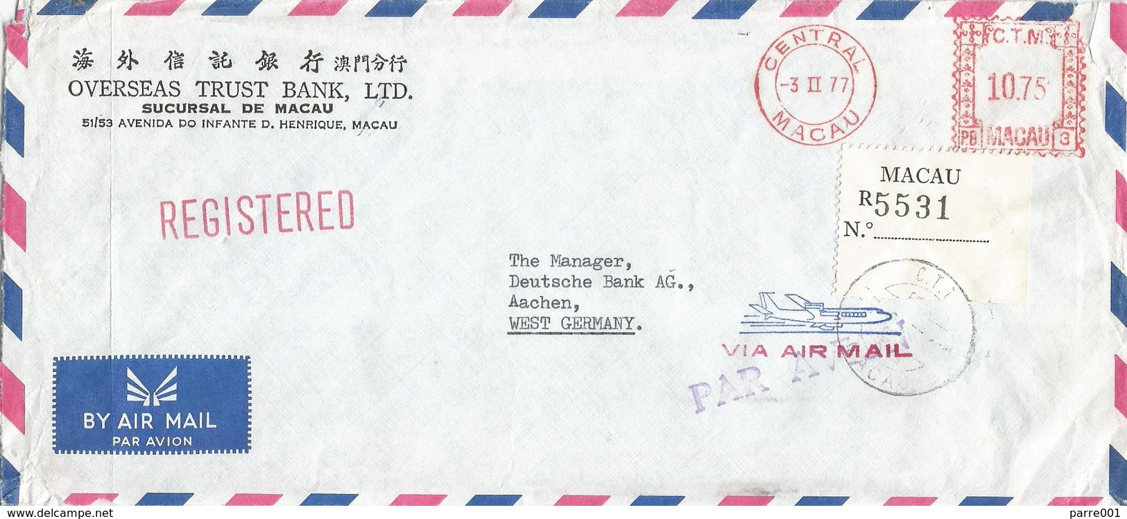 Macau 1977 Meter Pitney Bowes “Automax” PB3 Registered Cover - Briefe U. Dokumente