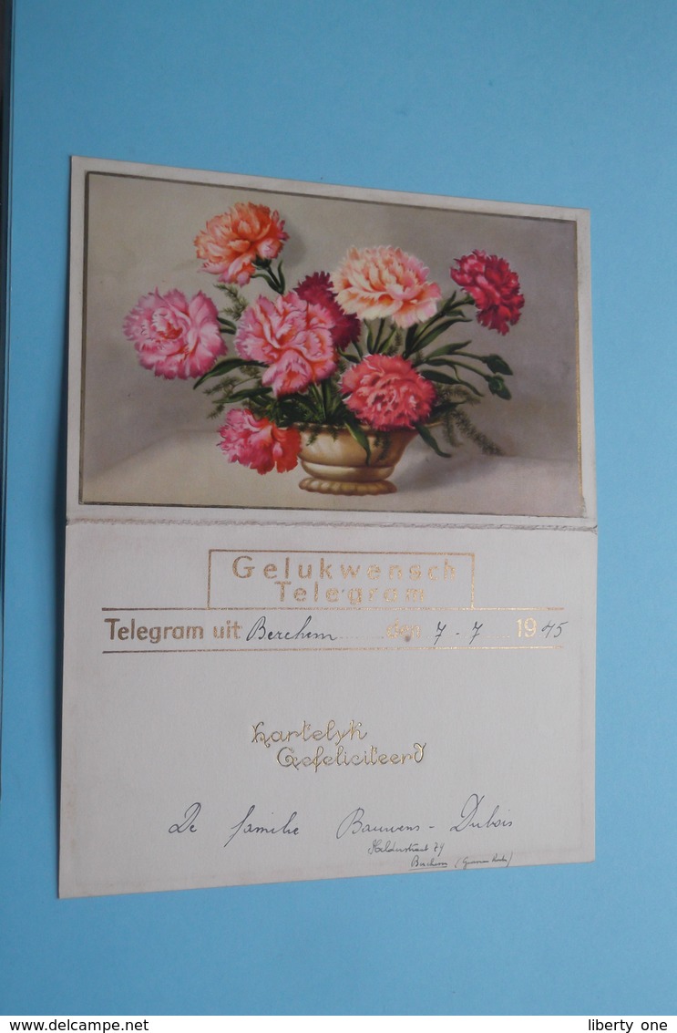 GELUKWENSCH TELEGRAM (Bauwens-Dubois > Berchem) Berchem Anno 7-7-1945 Belgique - Belgium ! - Autres & Non Classés