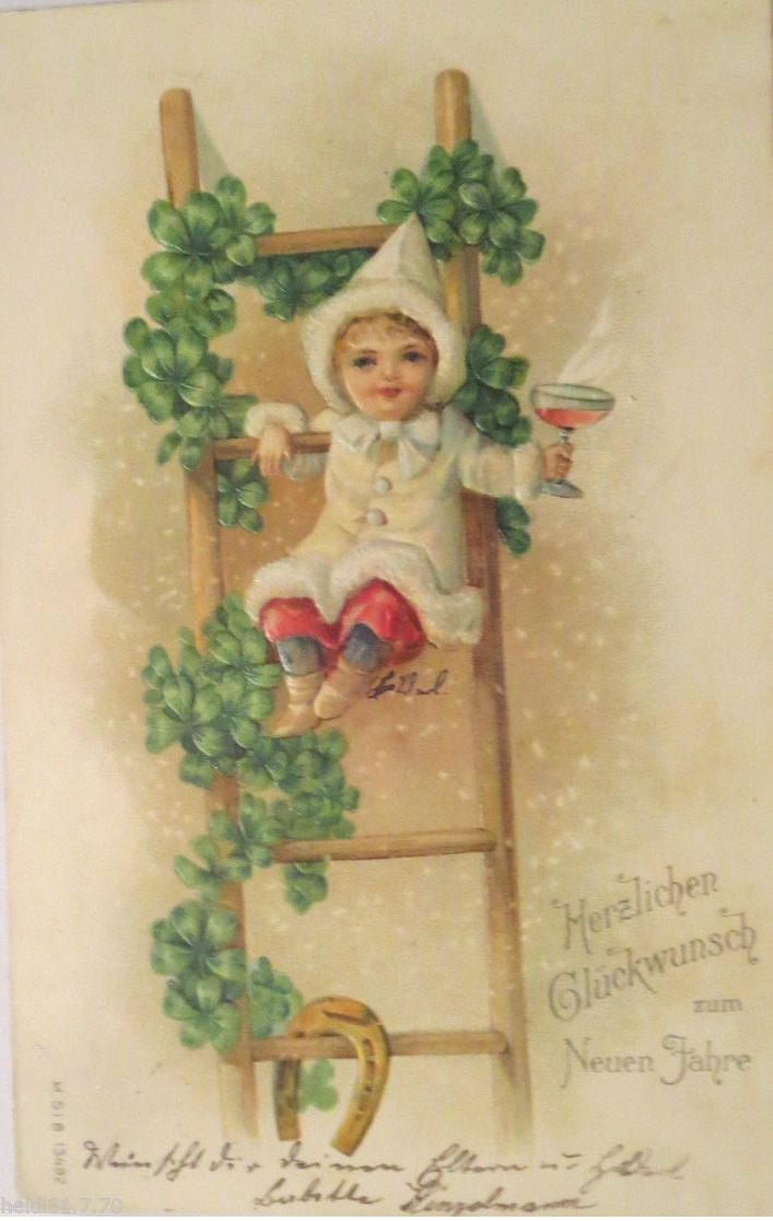 "Neujahr, Kinder, Kleeblatt, Leiter, Mantel, Hufeisen" 1909, Prägekarte♥(17976) - Nouvel An