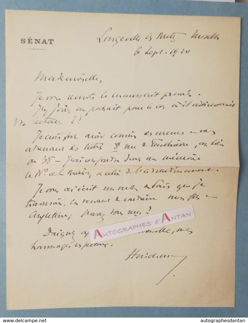 L.A.S 1920 Général HIRSCHAUER - Longeville Les Metz - Sénateur De Moselle - Né à Saint-Avold - Lettre Autographe LAS - Sonstige & Ohne Zuordnung