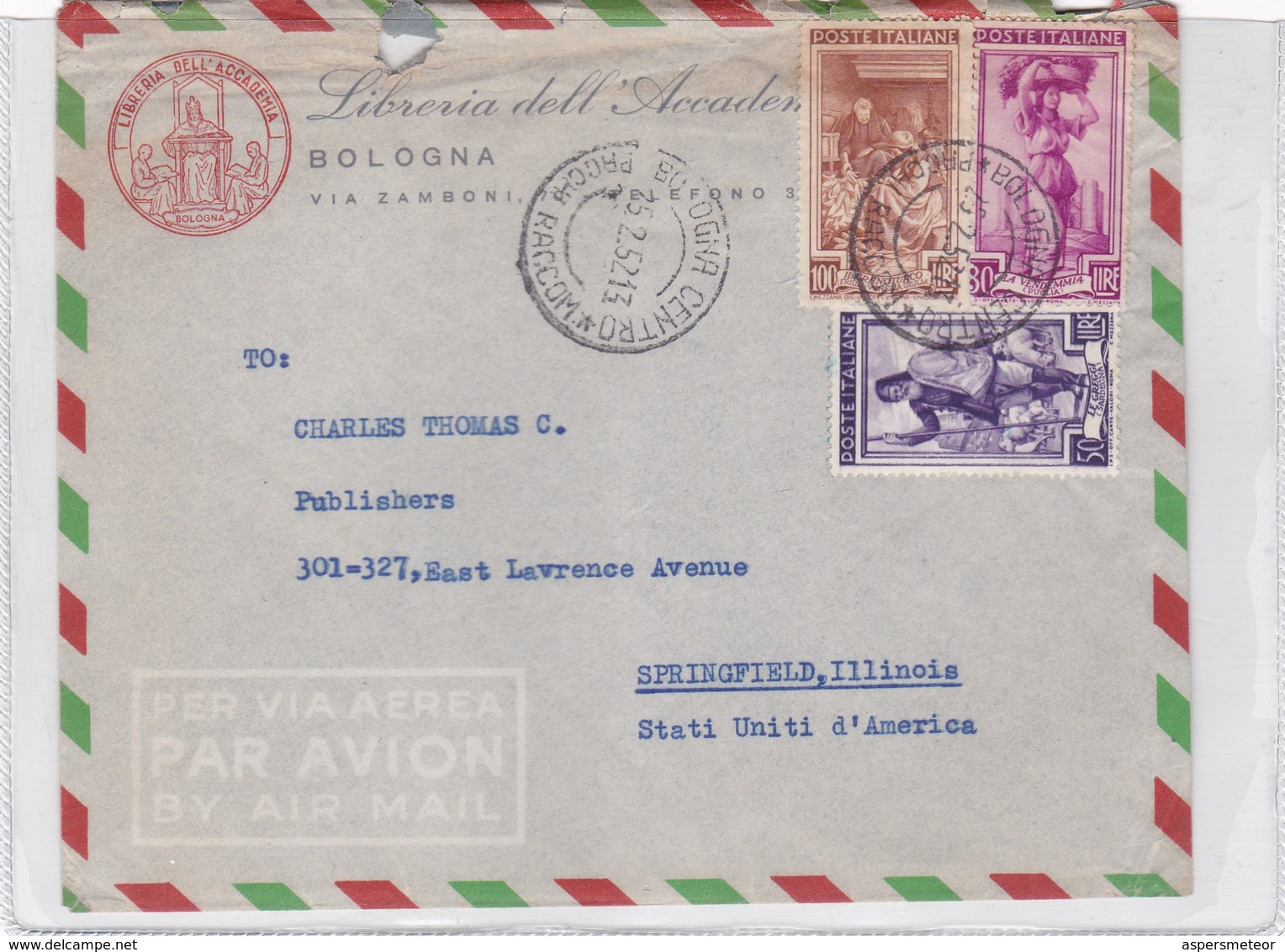 1952 COVER AIRMAIL COMMERCIAL: LIBRERIA DELL'ACCADEMIA CIRCULATED BOLOGNA TO USA - BLEUP - 1946-60: Marcophilie