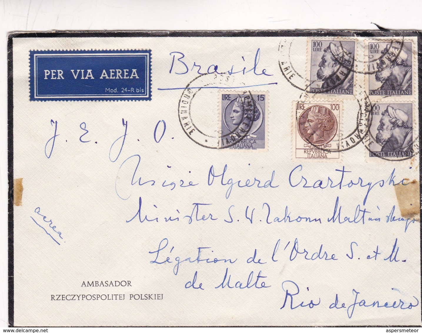 1950'S COVER AIRMAIL CIRCULATED ITALY TO BRAZIL - BLEUP - 1946-60: Marcofilia