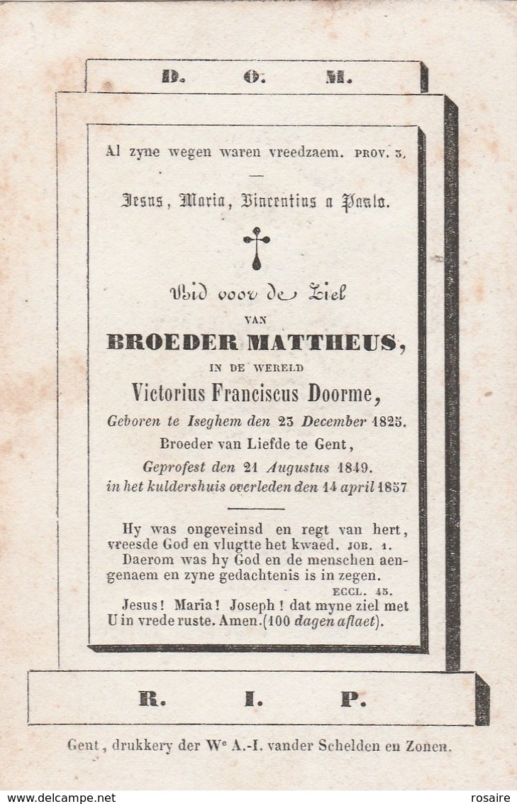 Broeder Victorius Franciscus Doorme-iseghem 1825-broeder Van Liefde Gent-kuldershuis 1857 - Devotion Images