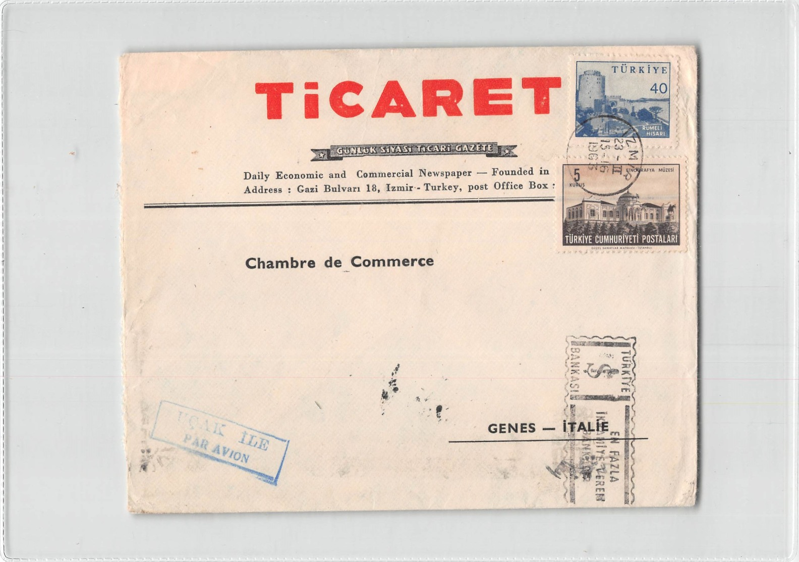 AG1697 02  TICARET IZMIR TO GENOVA - AIR MAIL - Storia Postale